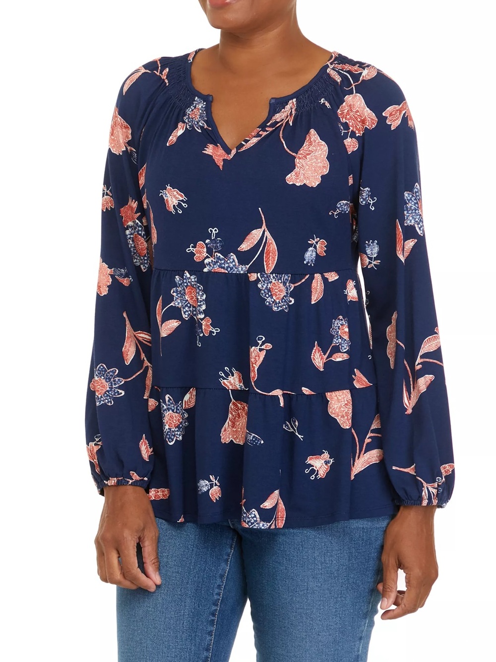 Wonderly Navy Floral Tiered Peasant Blouse